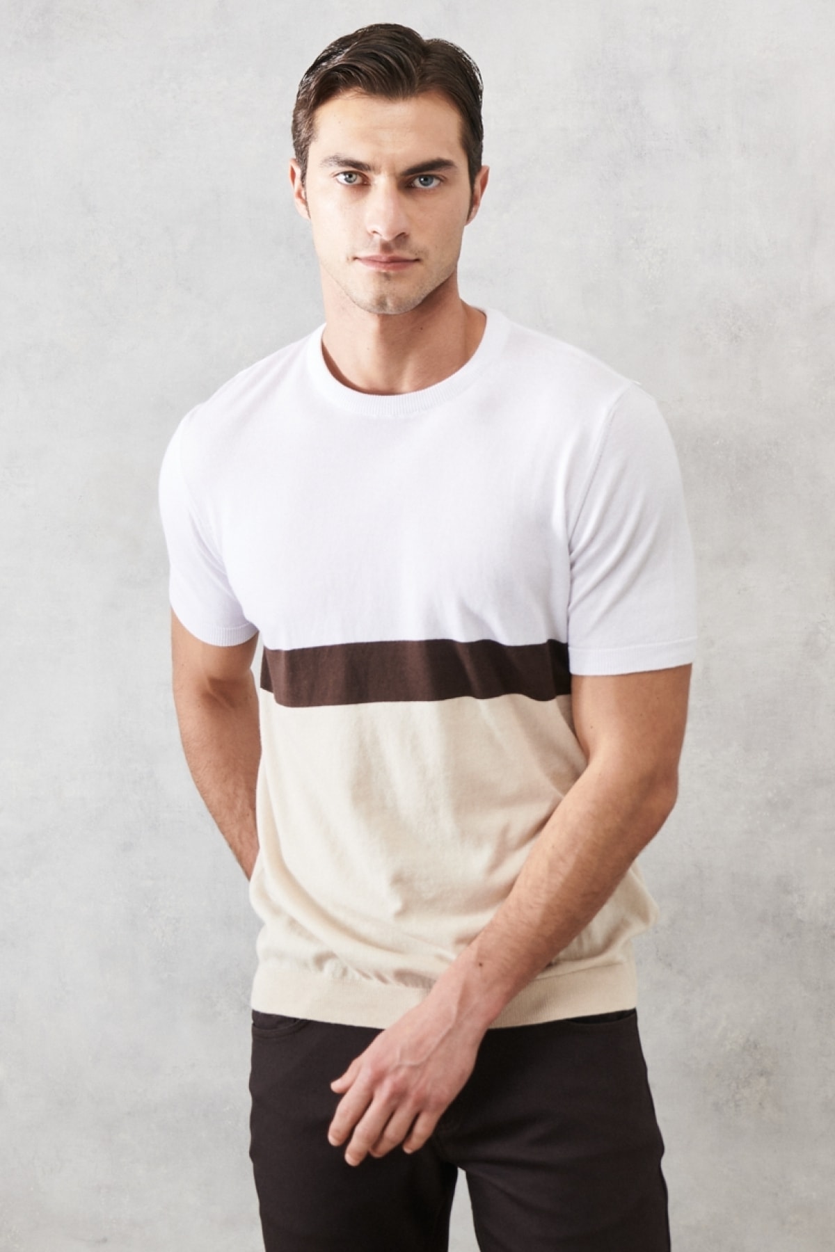 ALTINYILDIZ CLASSICS Men's Ecru Beige Standard Fit Crew Neck 100% Cotton Striped Knitwear T-Shirt