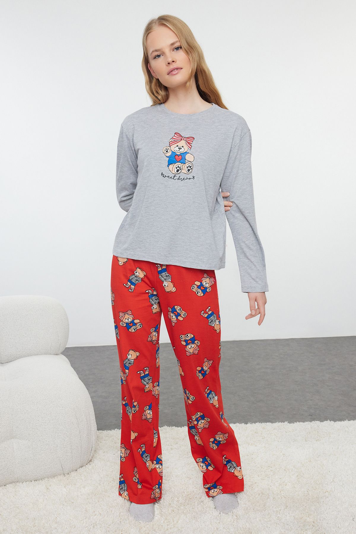 Trendyol Women's Couple Gray Melange Teddy Bear Printed Knitted Pajama Set