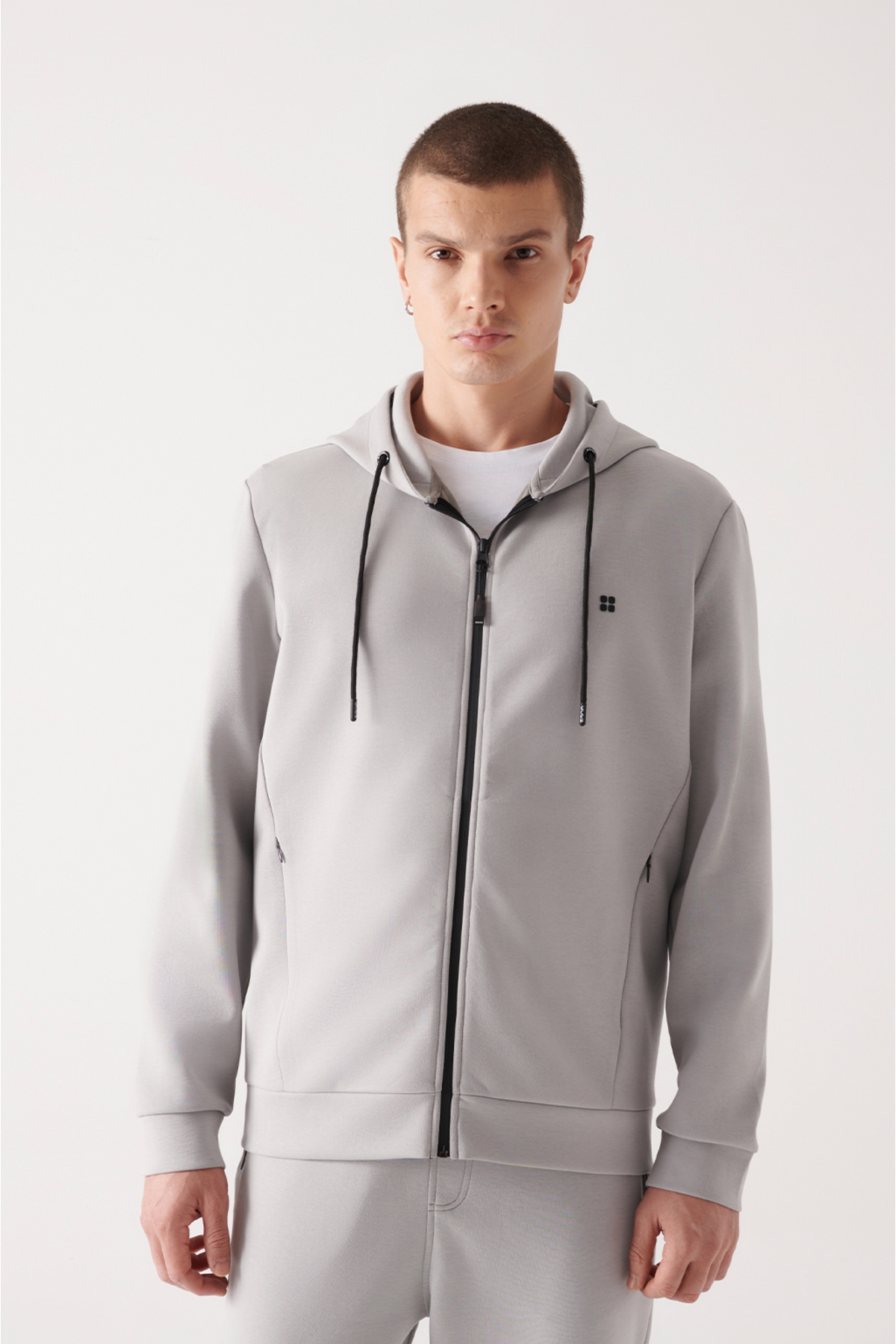 Levně Avva Gray Unisex Sweatshirt Hooded Flexible Soft Texture Interlock Fabric Zippered Regular Fit