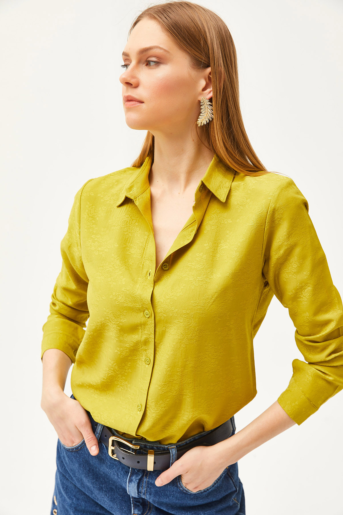 Levně Olalook Women's Floral Oil Green Jacquard Satin Detail Woven Shirt