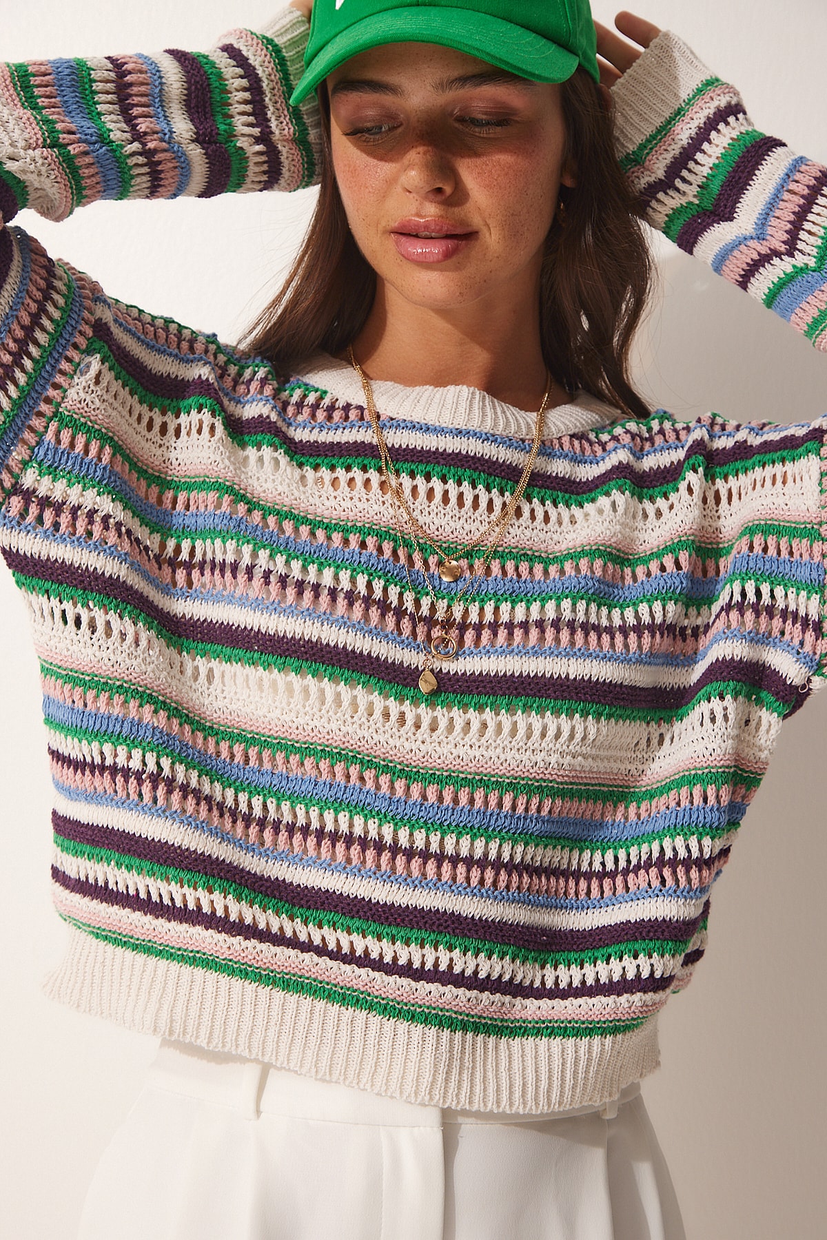 Happiness İstanbul Women's Cream Blue Openwork Striped Knitwear Sweater