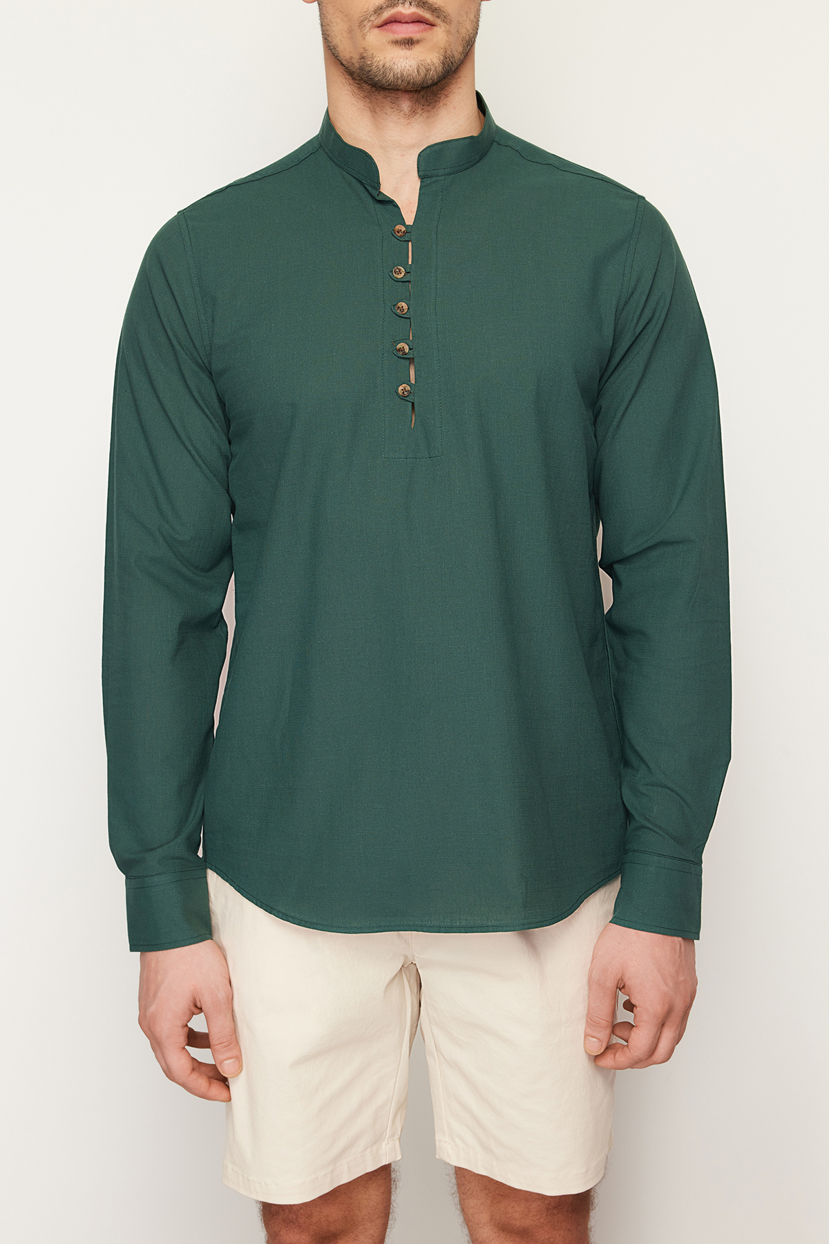 Trendyol Dark Green Slim Fit Half-Plack Magnetic Collar 100% Cotton Shirt