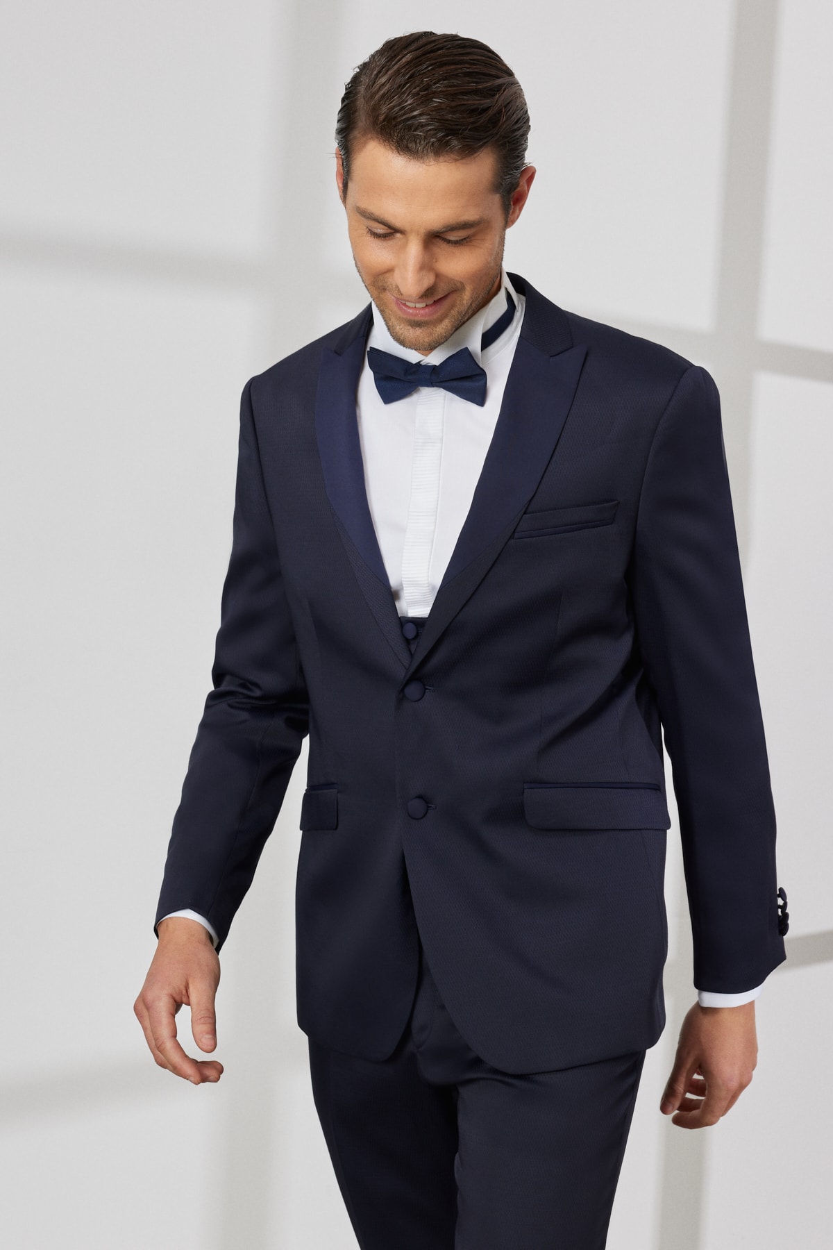 ALTINYILDIZ CLASSICS Men's Navy Blue Slim Fit Slim Fit Swallowtail Collar Dobby Vest Tuxedo Suit