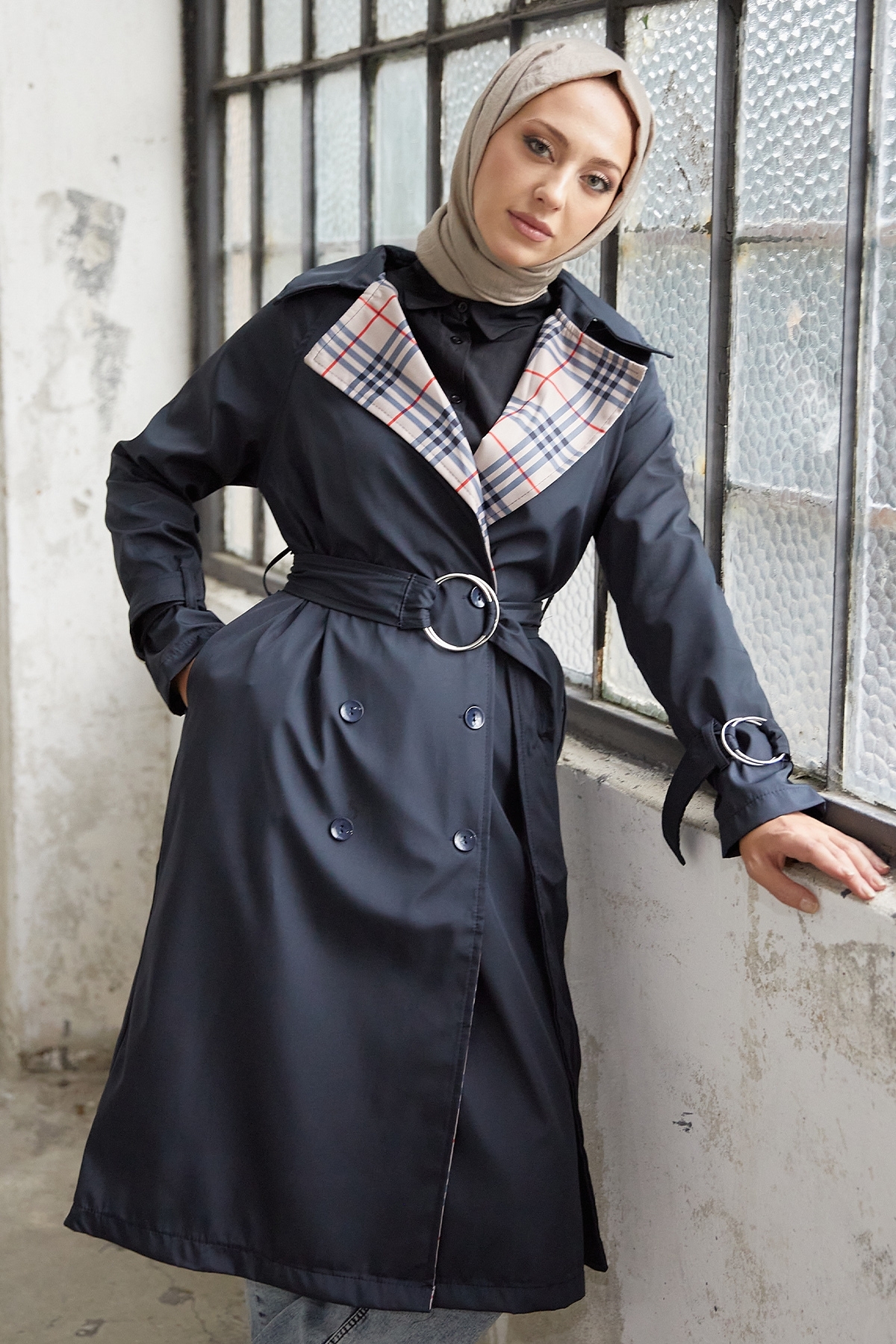InStyle Eleta Double Breasted Collar Plaid Trench Coat - Navy Blue