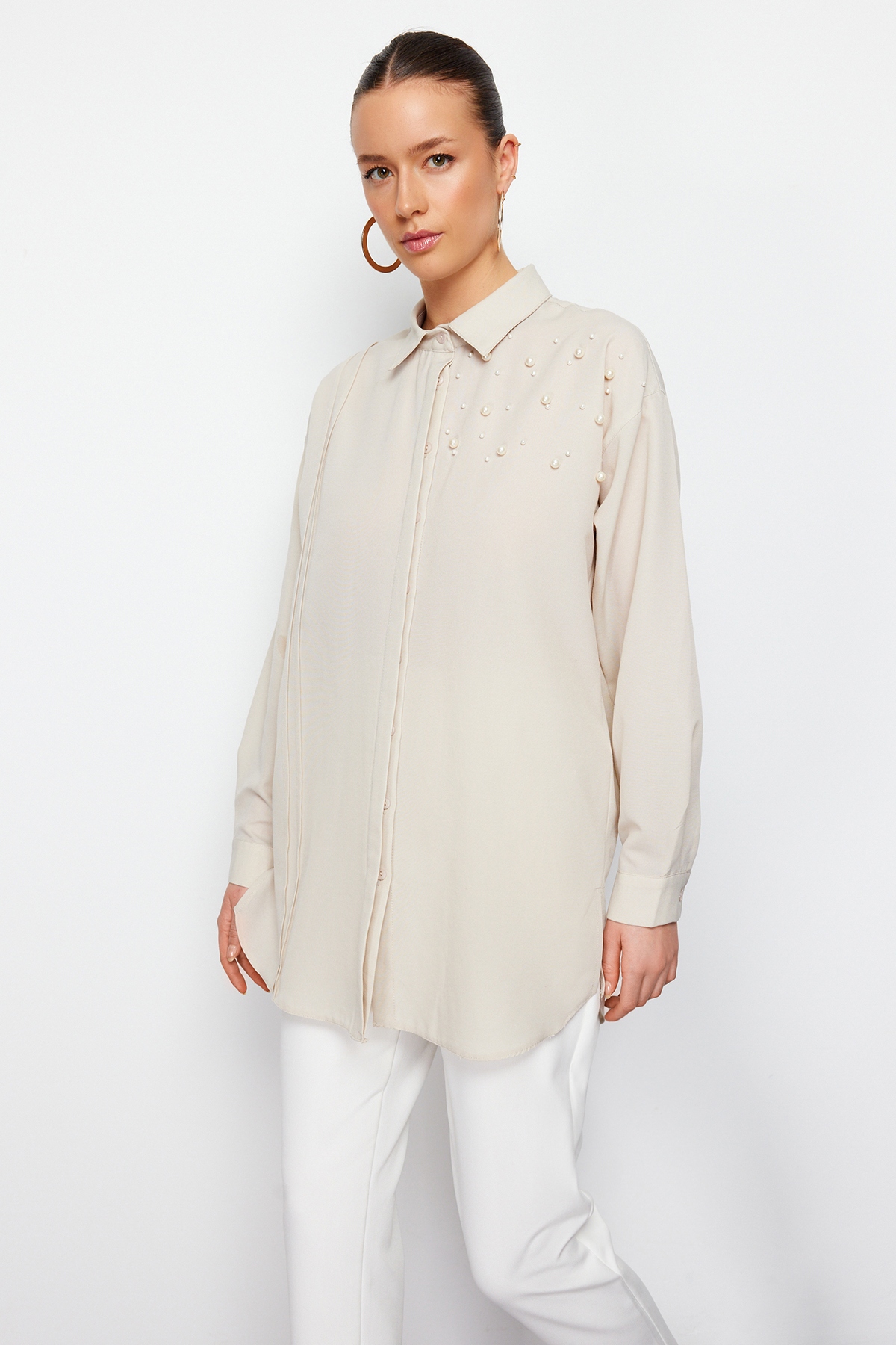 Trendyol Stone Pearl Detailed Cotton Woven Shirt