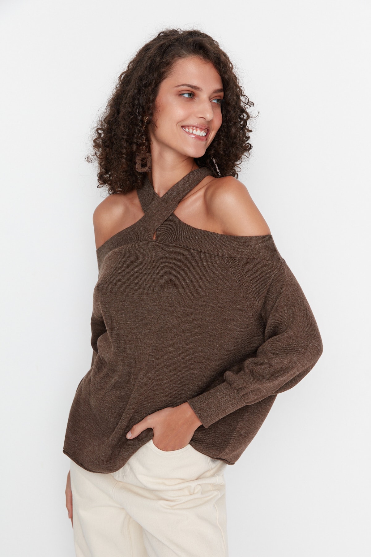 Trendyol Brown Pile Collar Knitwear Sweater