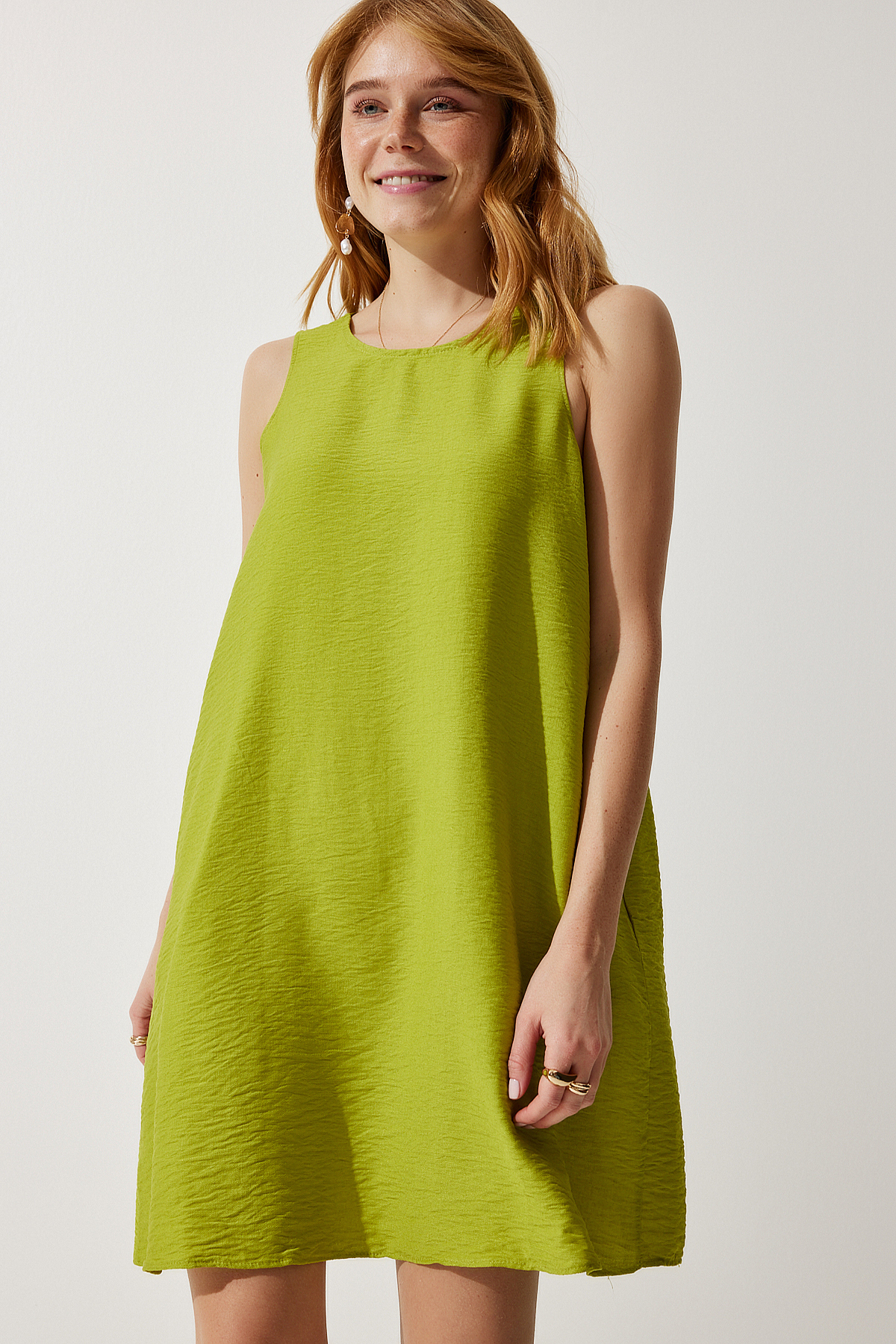 Happiness İstanbul Women's Peanut Green Sleeveless Linen Viscose A-Line Dress