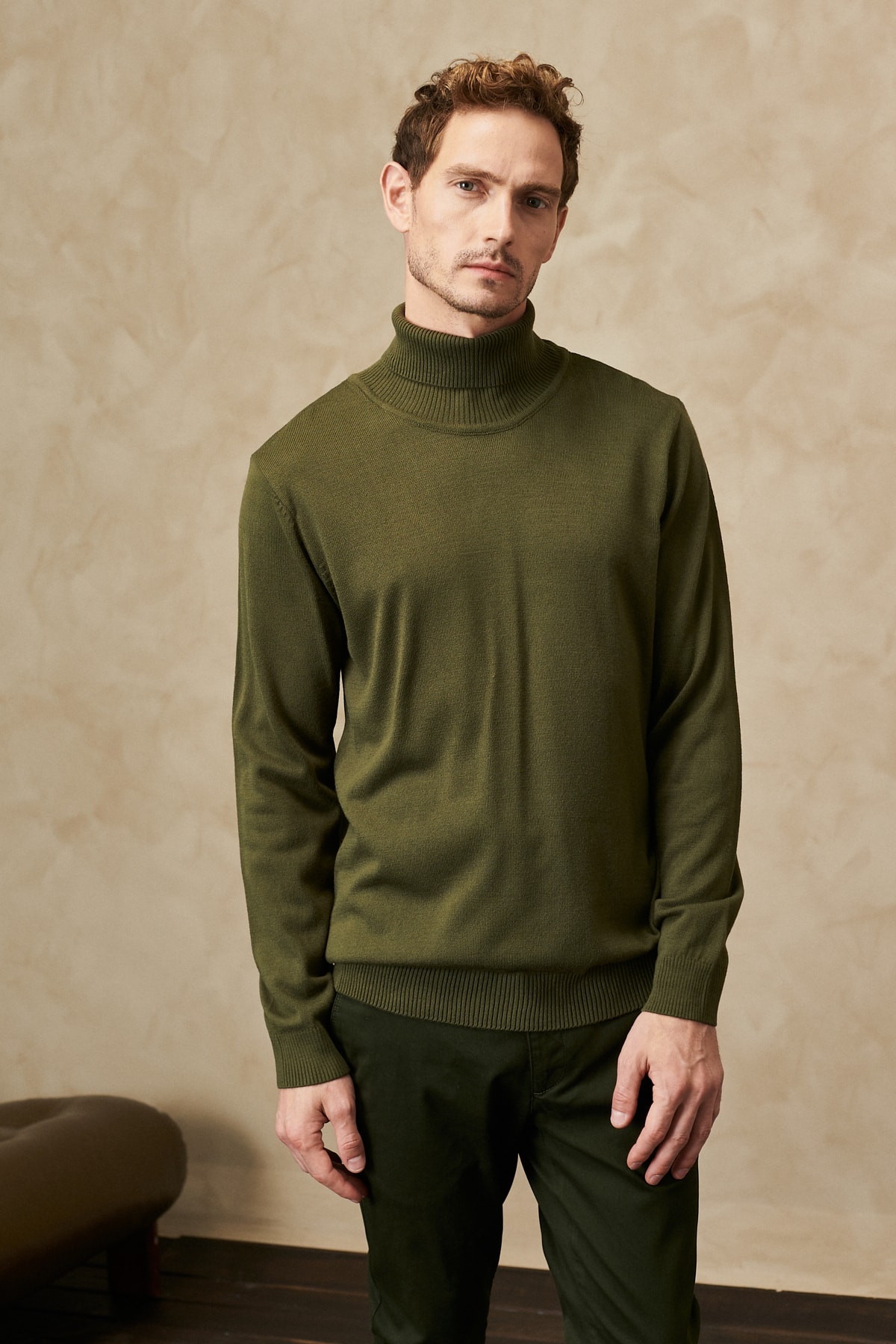 Levně ALTINYILDIZ CLASSICS Men's Khaki Anti-Pilling, Anti-Pilling Feature Standard Fit Full Turtleneck Knitwear Sweater.
