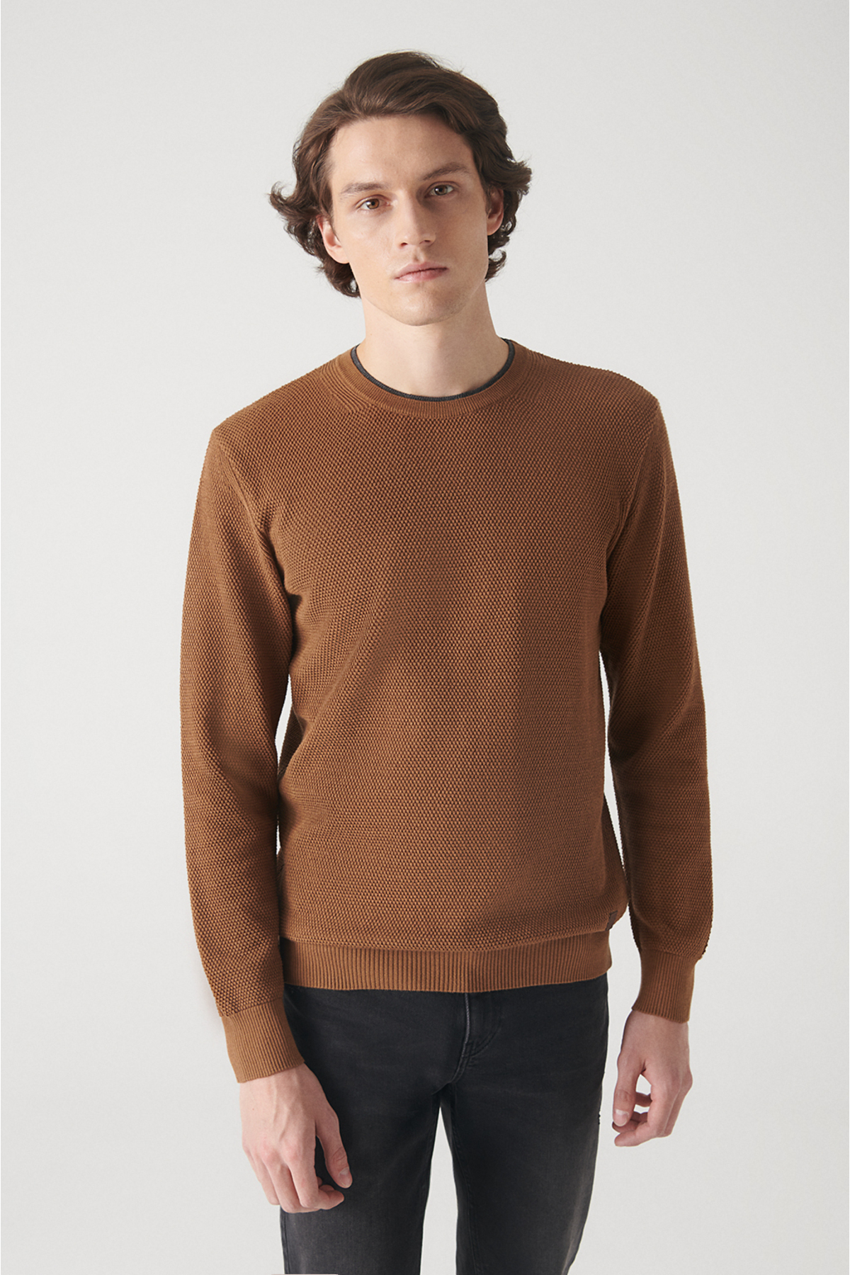Avva Men's Camel Double Collar Detailed Textured Cotton Standard Fit Regular Cut Knitwear Sweater