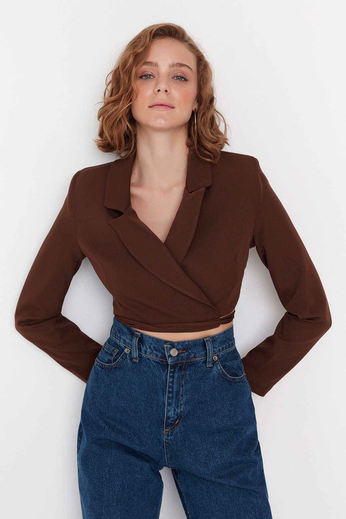 Trendyol Brown Crop Weave Lined Double Breasted Closeup Blazer Jacket