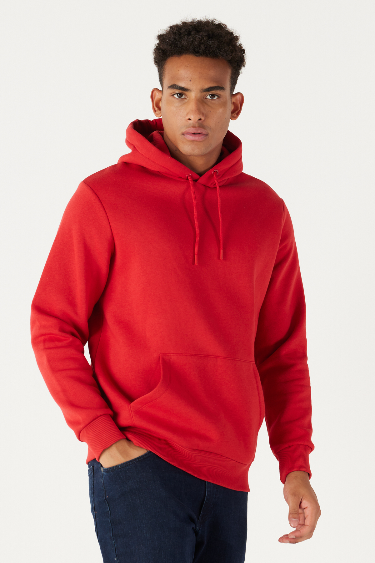 AC&Co / Altınyıldız Classics Men's Red Standard Fit Regular Cut Inner Fleece 3 Thread Hooded Cotton Sweatshirt