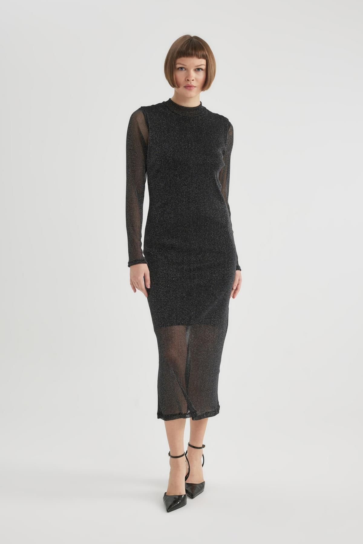 DEFACTO Bodycon Half Turtleneck Long Sleeve Tulle Midi Dress