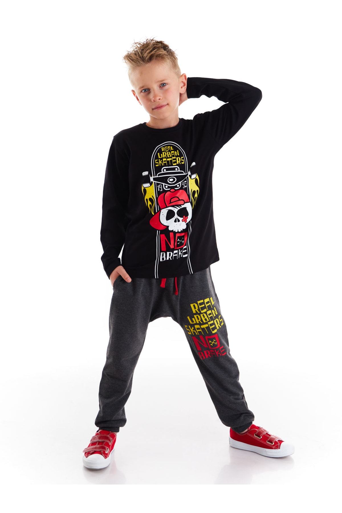Mushi Black Skateboard Boy T-shirt Trousers Suit
