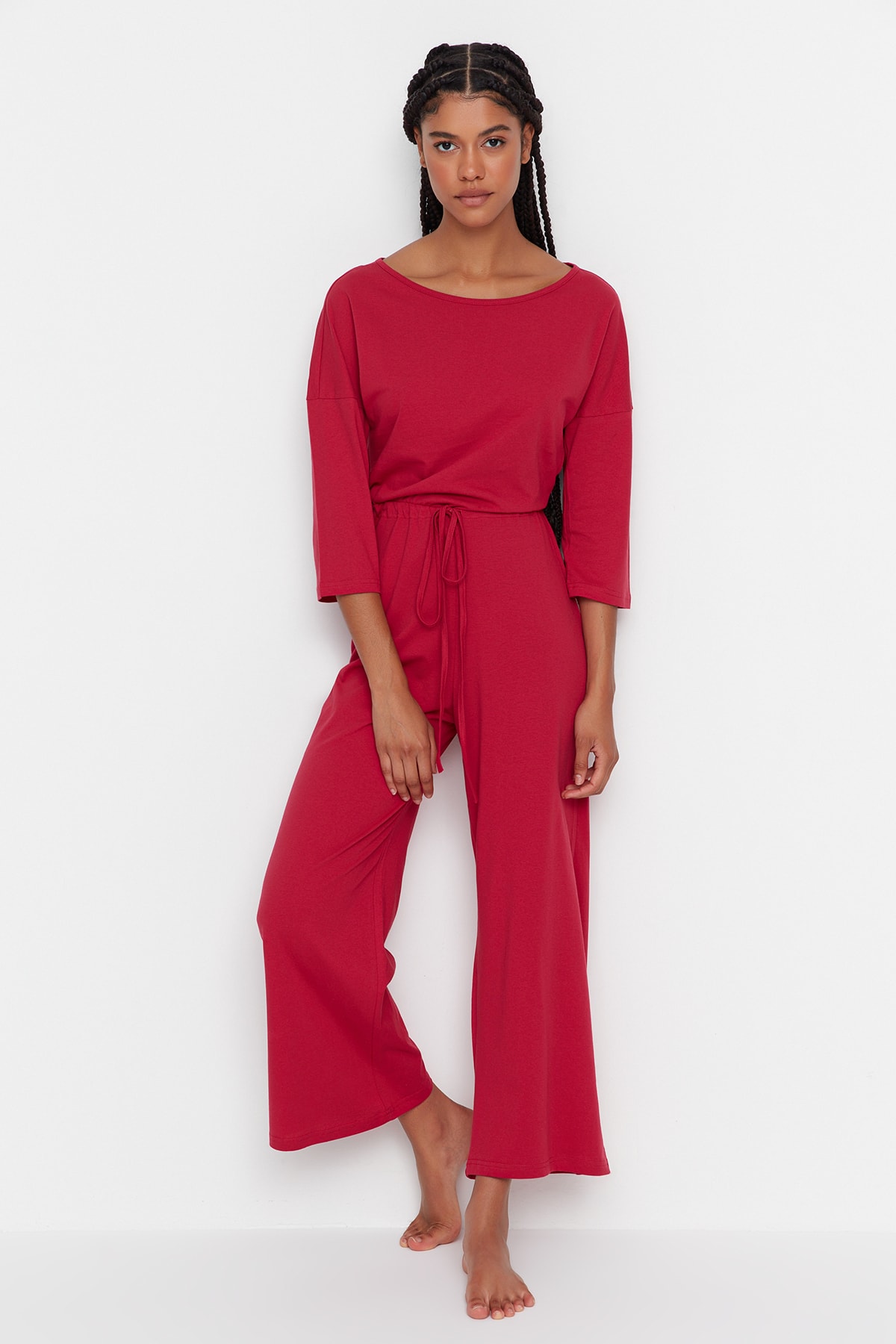Trendyol Cherry Knit Jumpsuit with Tie Waist and Back Detail