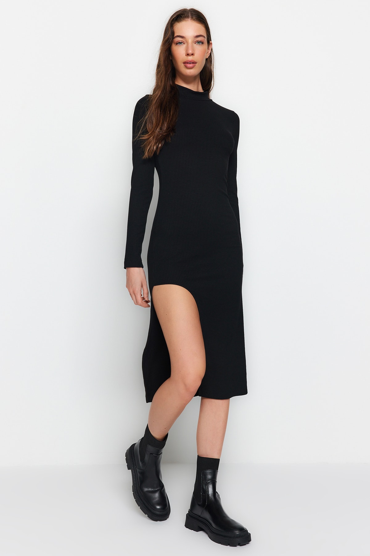 Trendyol Black Ribbed Deep Slit Detailed Fitted Midi Stretch Knit Dress