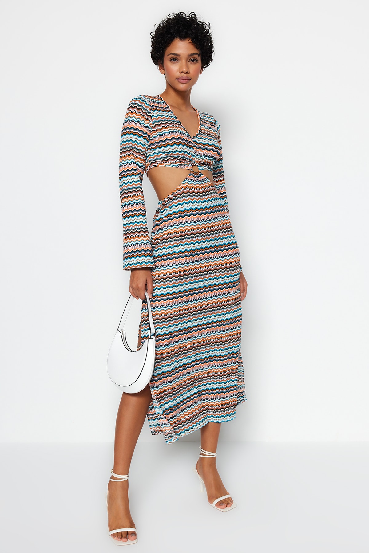 Trendyol Multi Color Cut Out Detail Printed Stretch Midi Knitted Dress