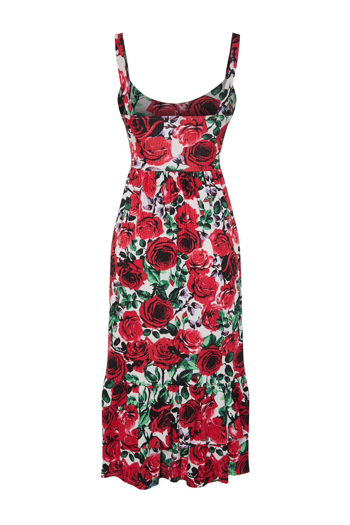 Trendyol Red Floral Strap Skater/Ribbed Flexible Knitted Midi Dress
