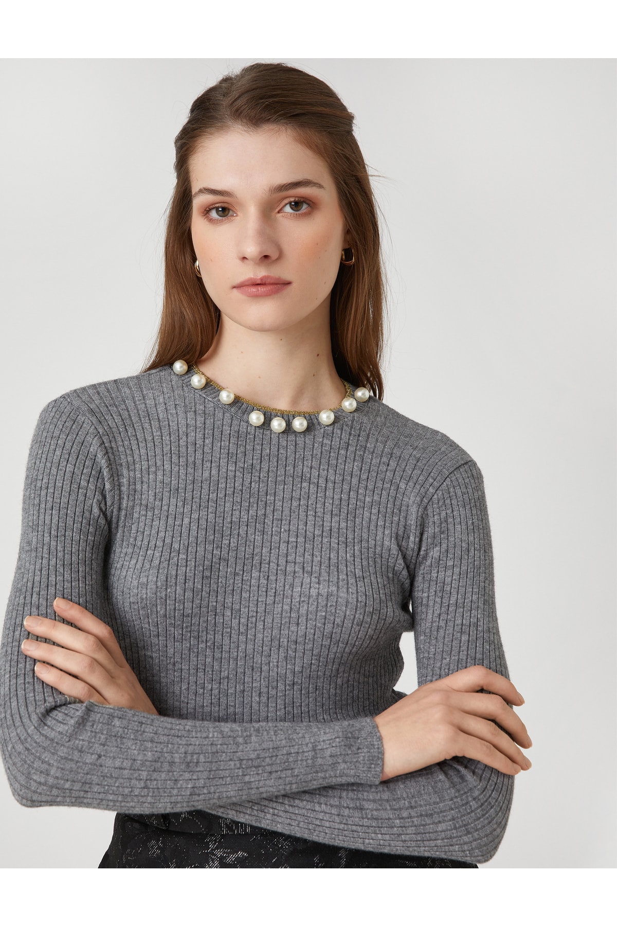 Koton Melis Ağazat X - Ribbed Knitwear Sweater With Pearl Detail