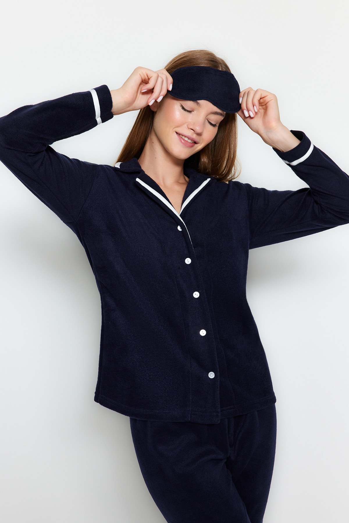 Trendyol Navy Blue Piping Detailed Sleep Band Polar Thick Knitted Pajama Set