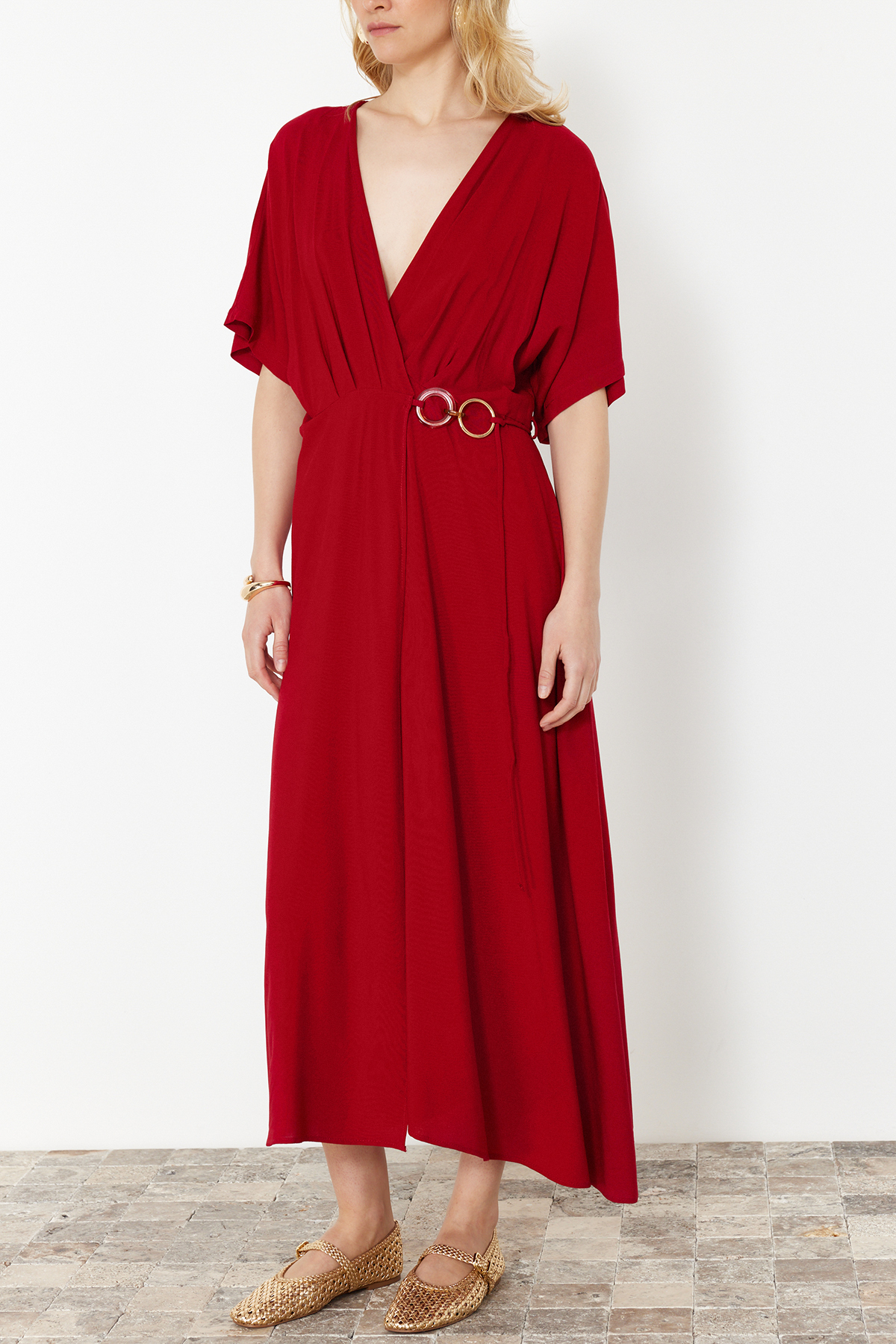 Trendyol Dark Cherry Double Breasted Accessory Tie Detail Midi Woven Dress