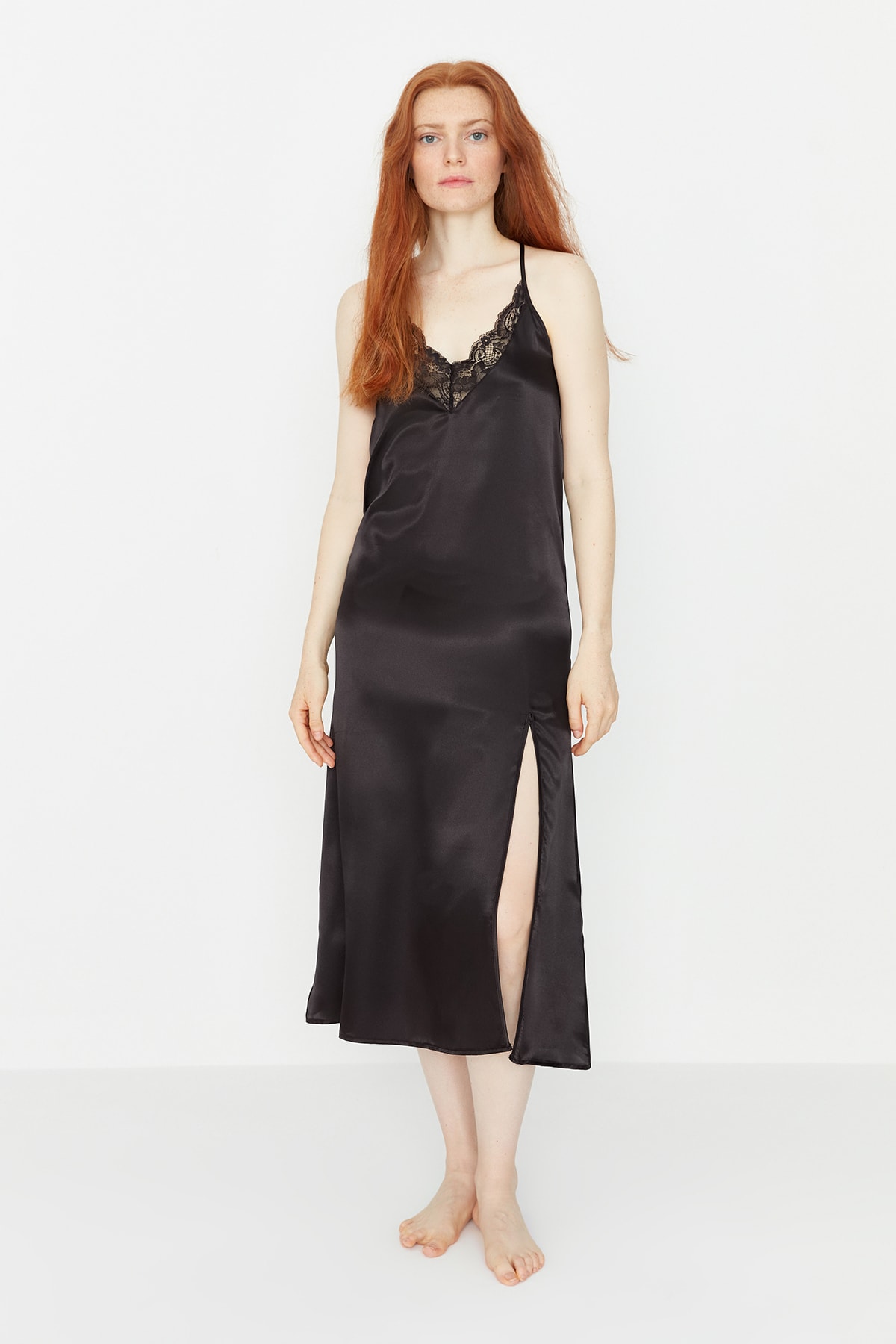 Trendyol Weave Black Satin Nightgown With Lace And Back Detail With A Slit