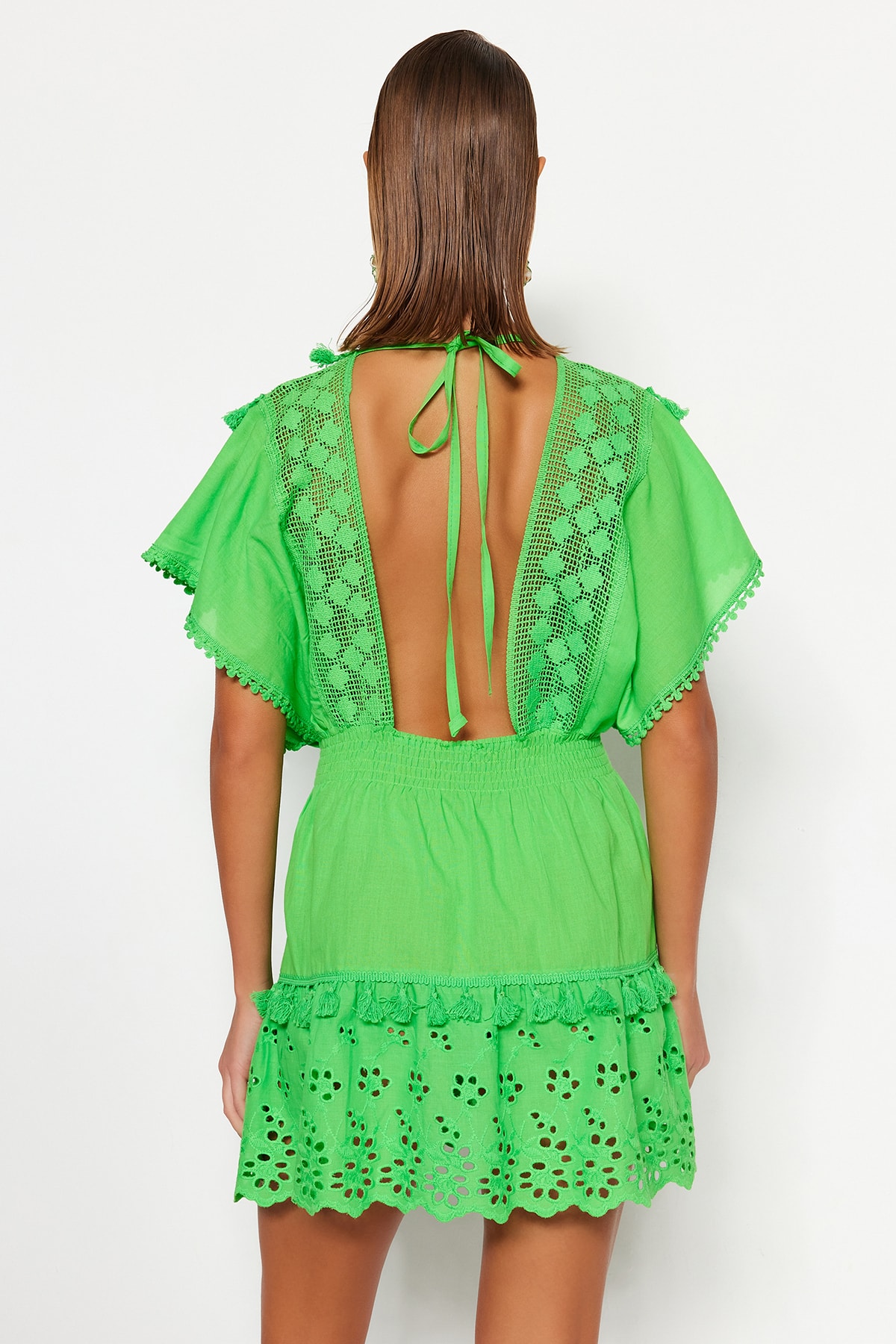 Trendyol Green Mini Broderie țesută 100% rochie de plajă din bumbac