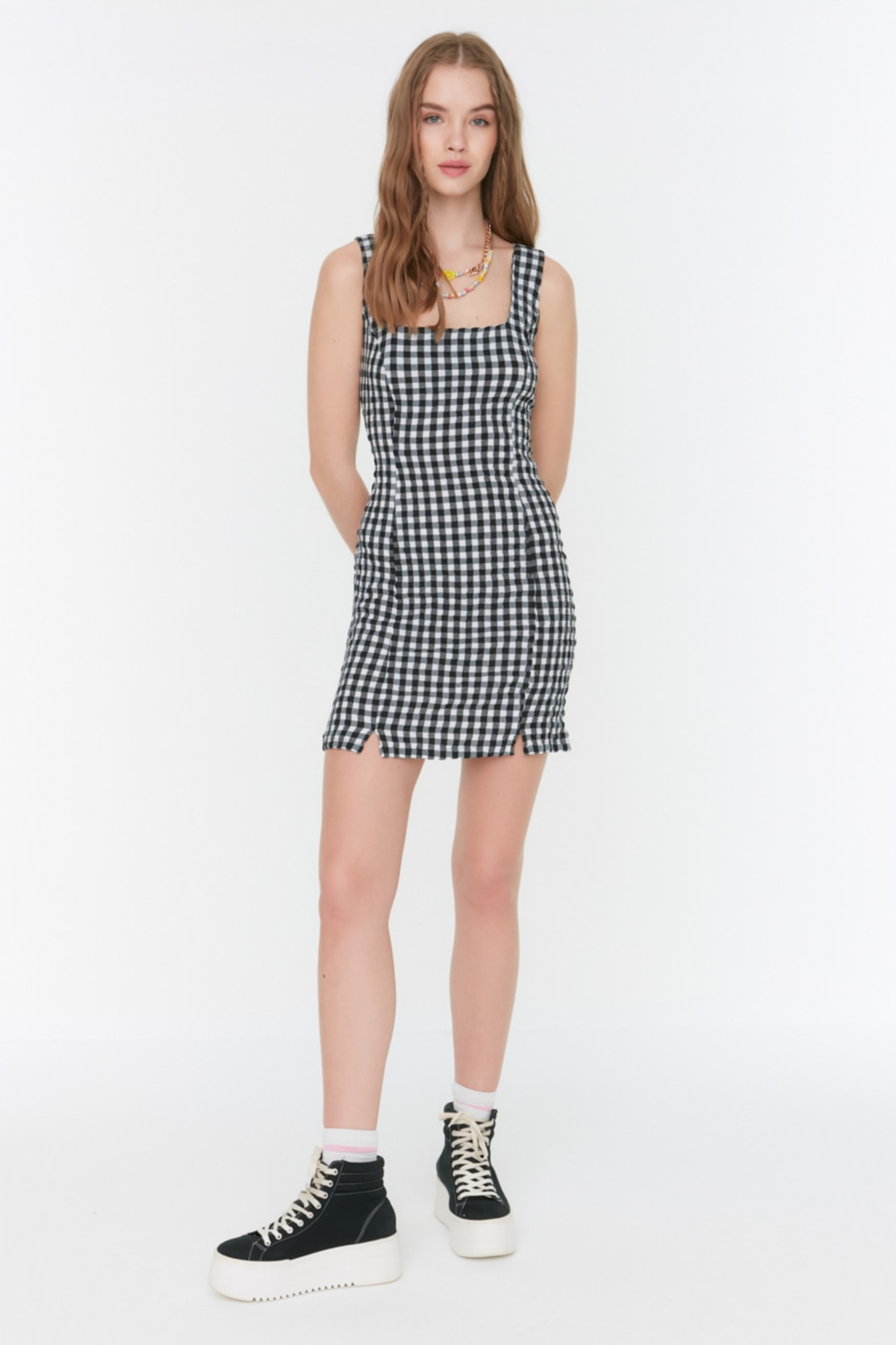 Rochie țesută Trendyol Black Gingham Super Mini