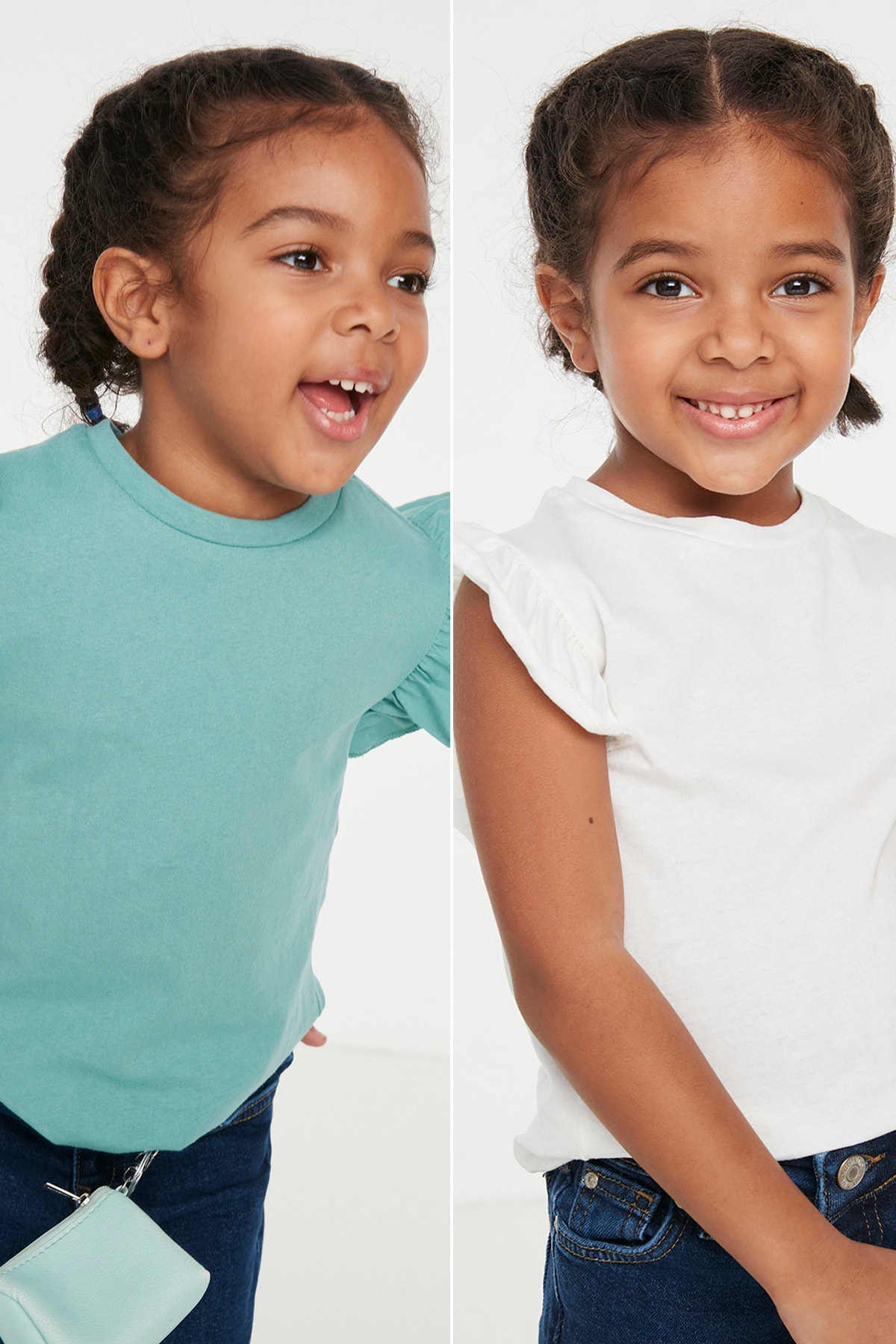 Trendyol Mint-Ecru 2-Pack Ruffled Girls' Knitted T-Shirt