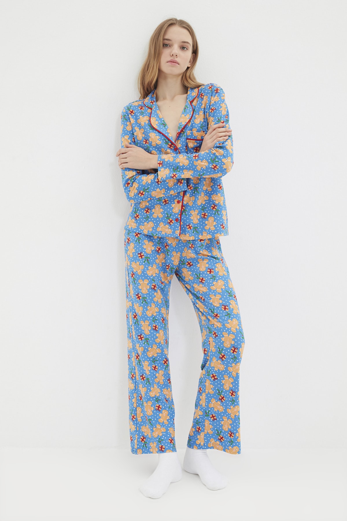 Trendyol Blue 100% Cotton Christmas Themed Knitted Pajama Set