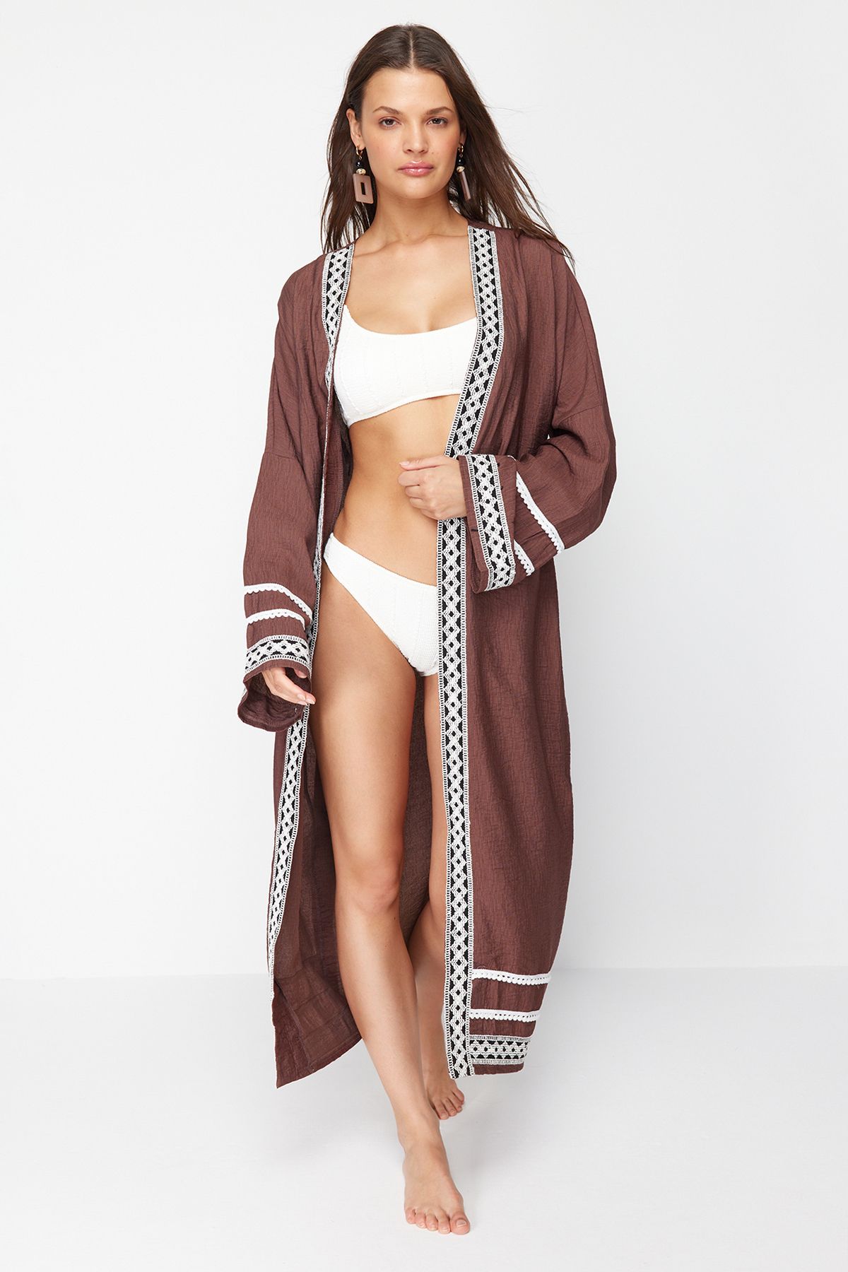 Trendyol Brown Maxi Woven Stripe Accessory Kimono&Kaftan