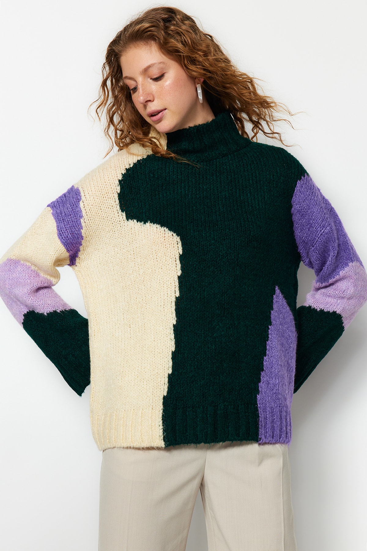 Trendyol Emerald Green Soft Textured Color Block Wide Fit Knitwear Sweater