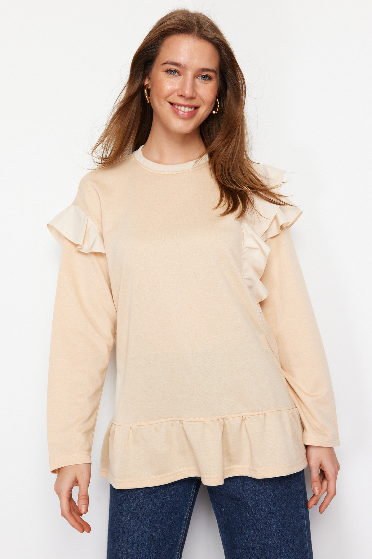 Trendyol Beige Ruffle Detailed Knitted Tunic