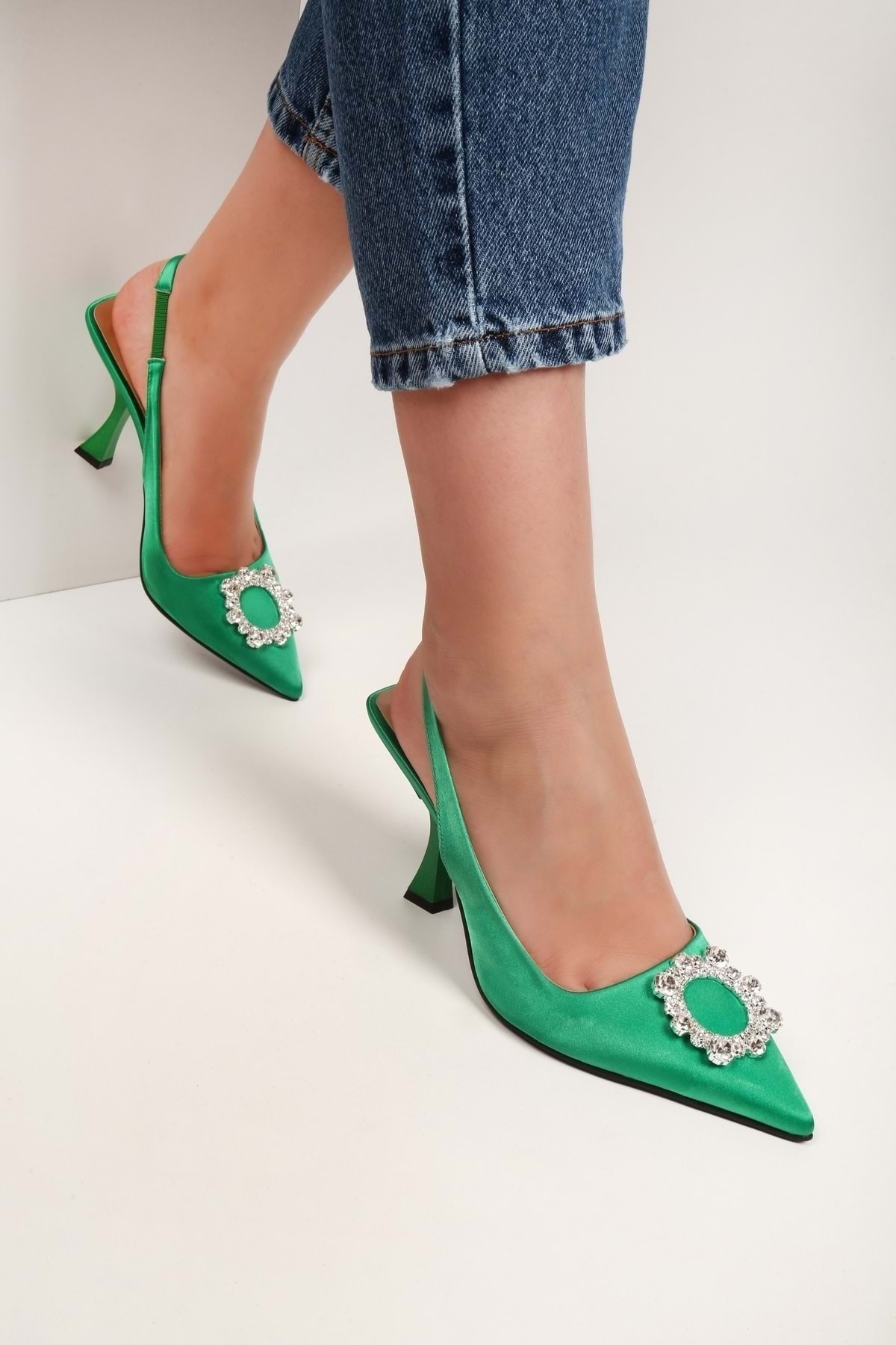 Levně Shoeberry Women's Sophia Green Satin Stone Heeled Shoes Stiletto
