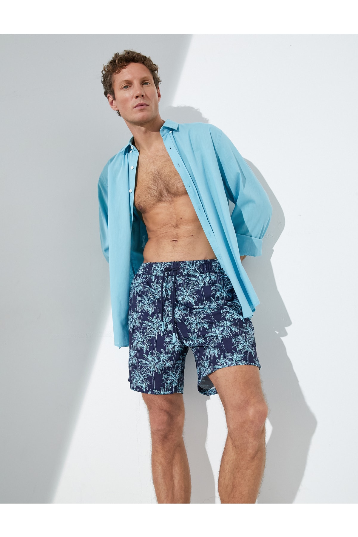 Koton Swim Shorts with Palm Tree Print, Lace Waist and Pocket