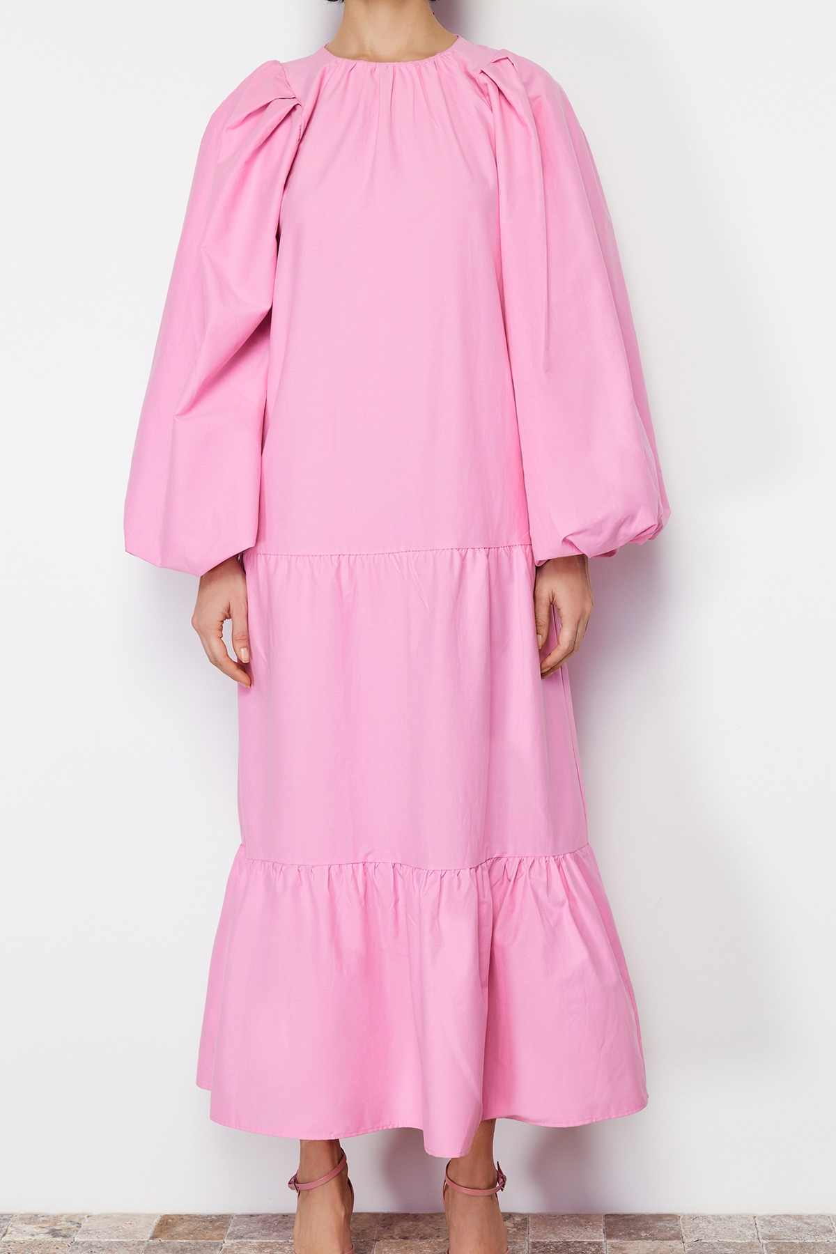 Trendyol Pink Balloon Sleeve Skirt Layered Cotton Woven Dress