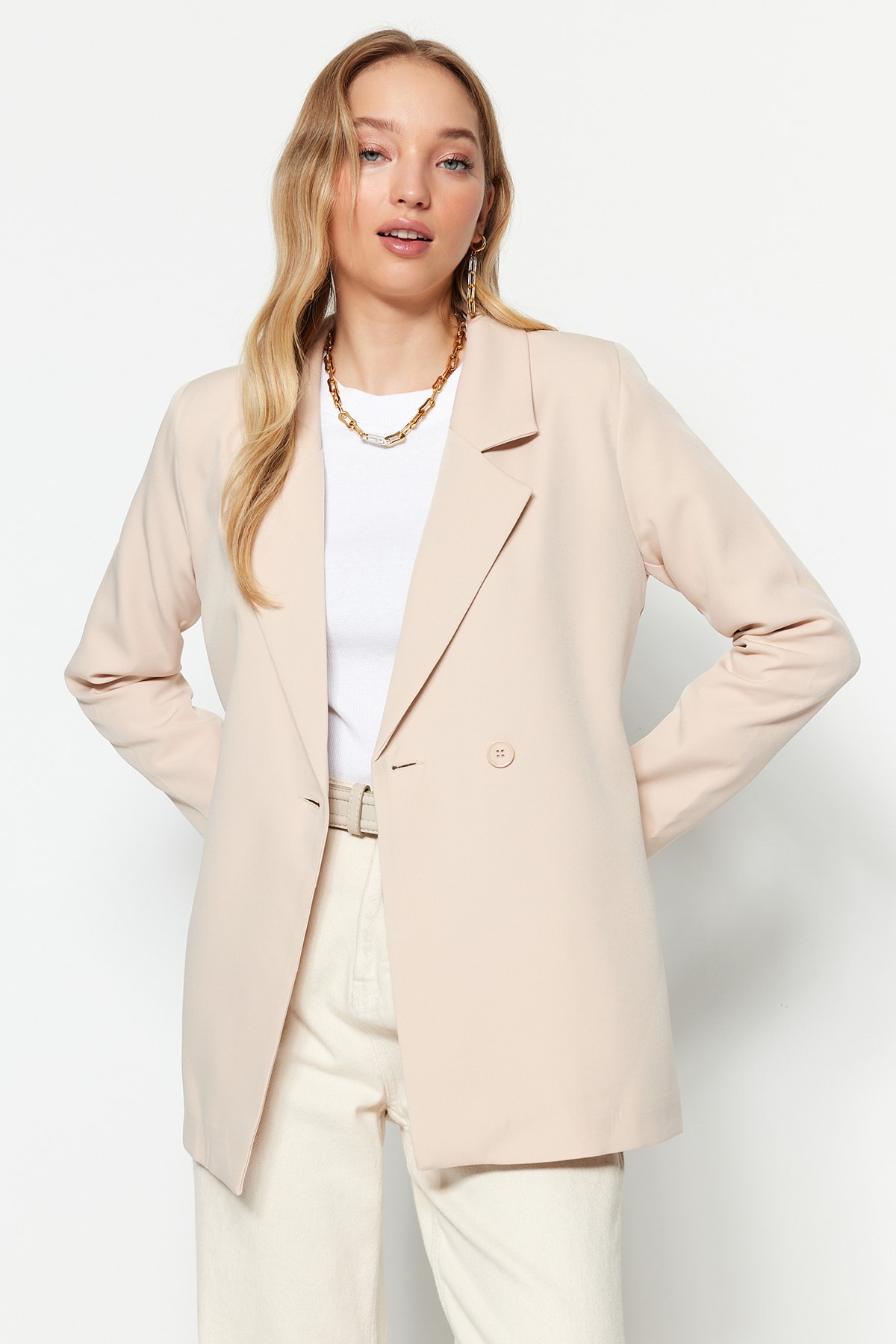 Trendyol Cream Woven Lined Single Button Back Detailed Jacket