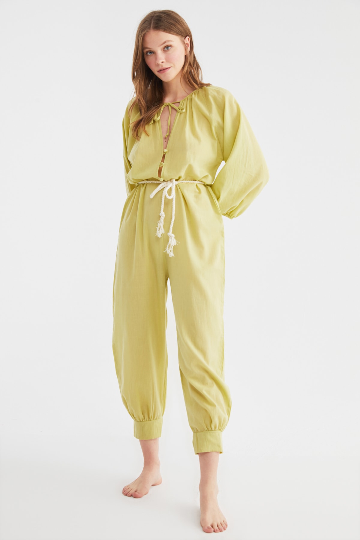 Trendyol Green Rope Belted Button Detailed Voile Jumpsuit