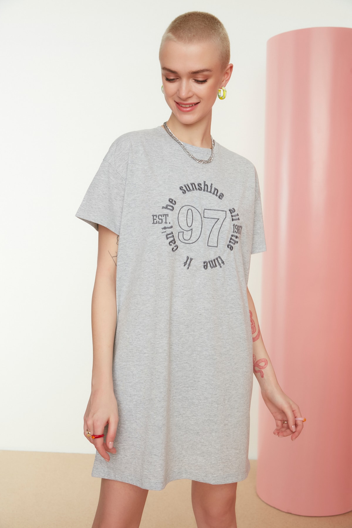 Trendyol Gray Printed Knitted T-shirt Dress