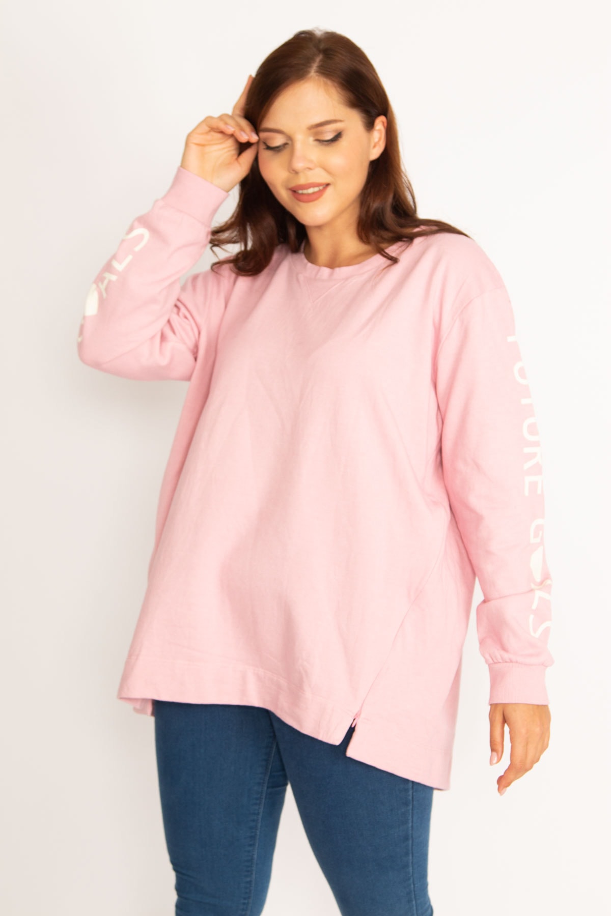 Şans Women's Pink Inner Framed Cotton Cotton Skirt With Two Side Zippers and Slits Sleeve Printed Sweatshirt.