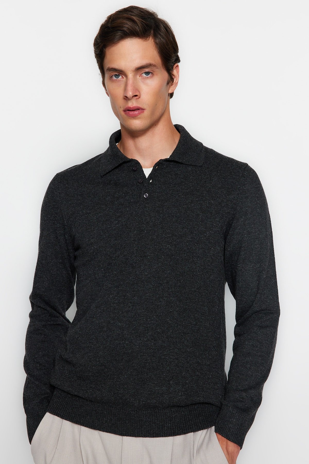 Trendyol Anthracite Slim Fit Polo Neck Buttoned Smart Knitwear Sweater
