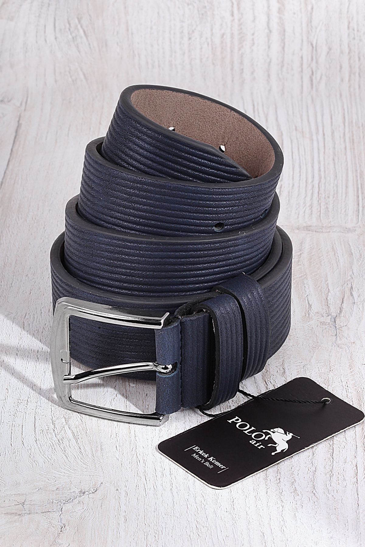 Polo Air Men's Leather Belt With Stripe Pattern, Navy Blue.