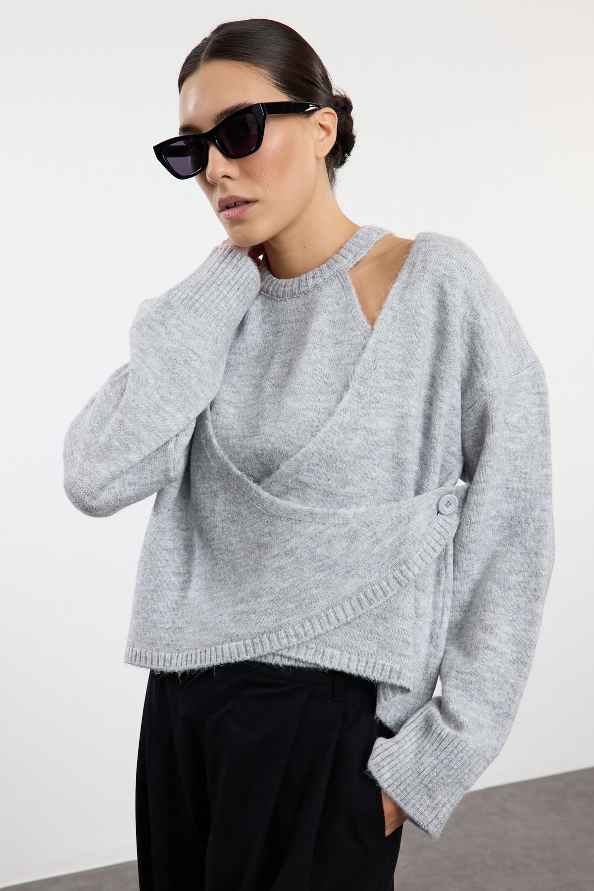 Trendyol Light Gray Soft Textured Cardigan-Blouse Knitwear Cardigan