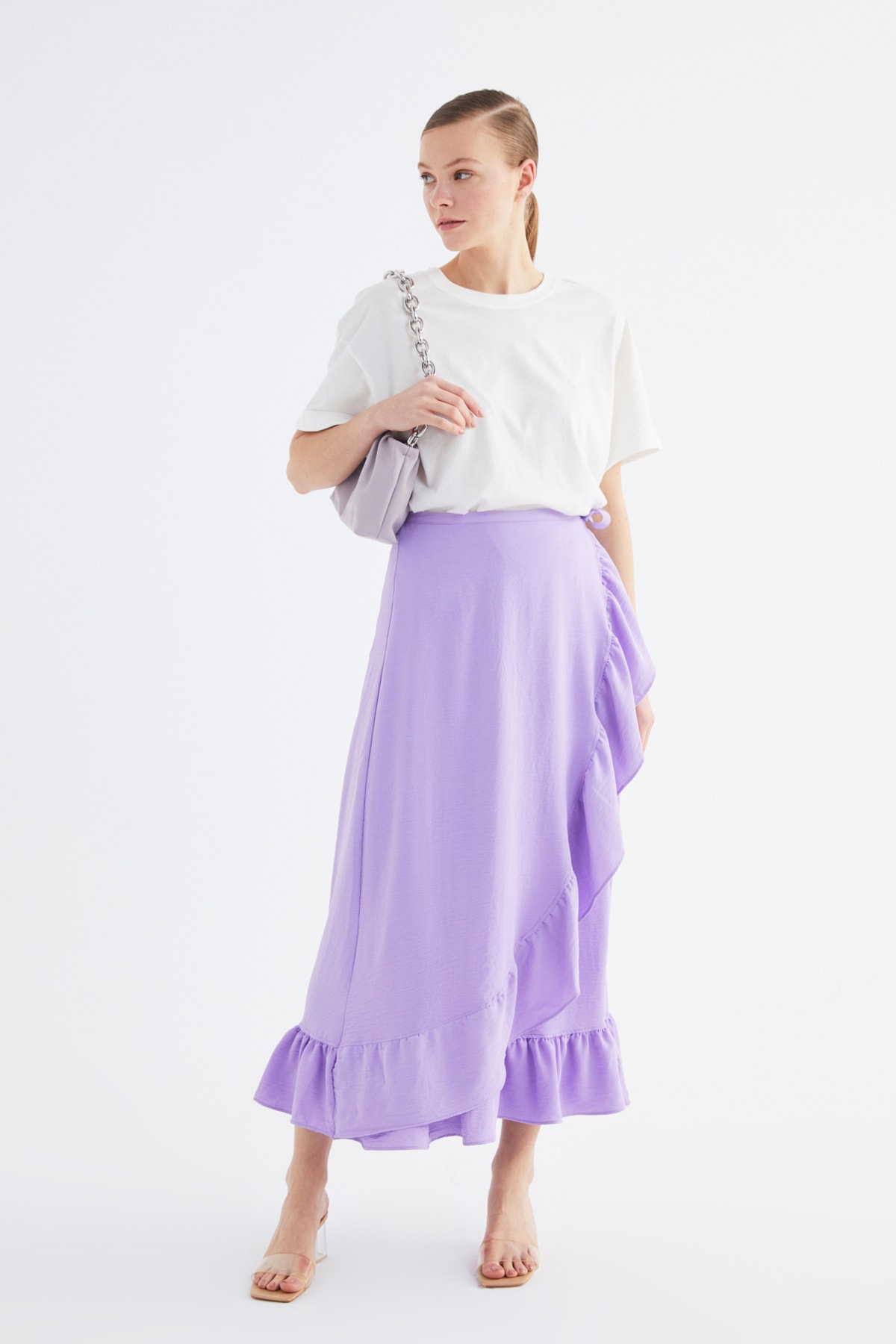 Levně Trendyol Purple Wrapped Ruffle Knitted Skirt