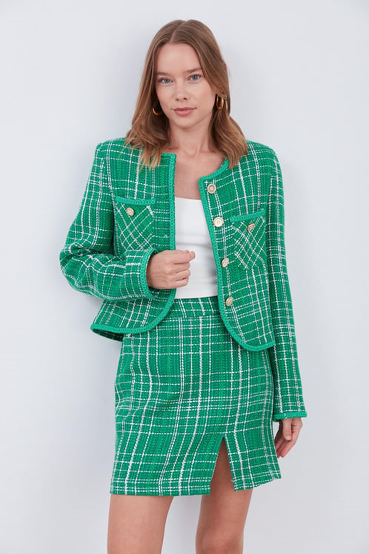 Levně Laluvia Green Striped Skirt Jacket Tuvid Suit