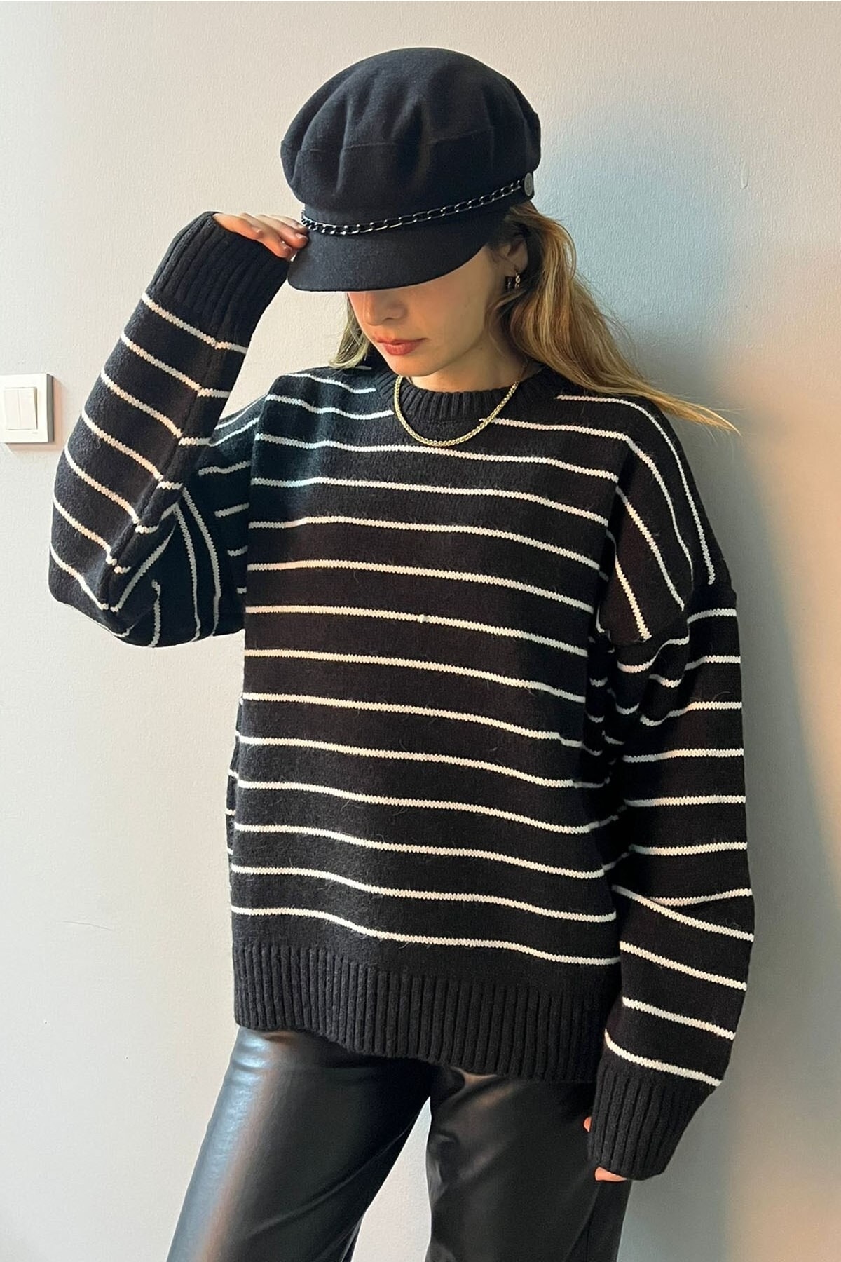 Madmext Women's Black Striped Knitwear Sweater