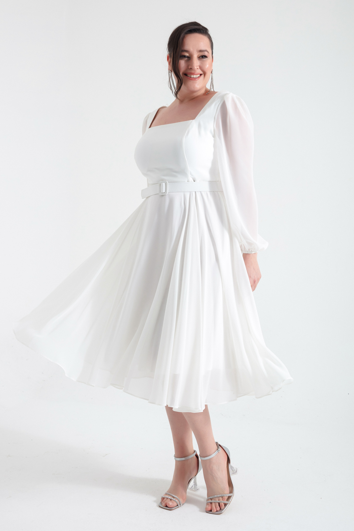 Levně Lafaba Women's Ecru Square Neck Belted Midi Chiffon Plus Size Evening Dress