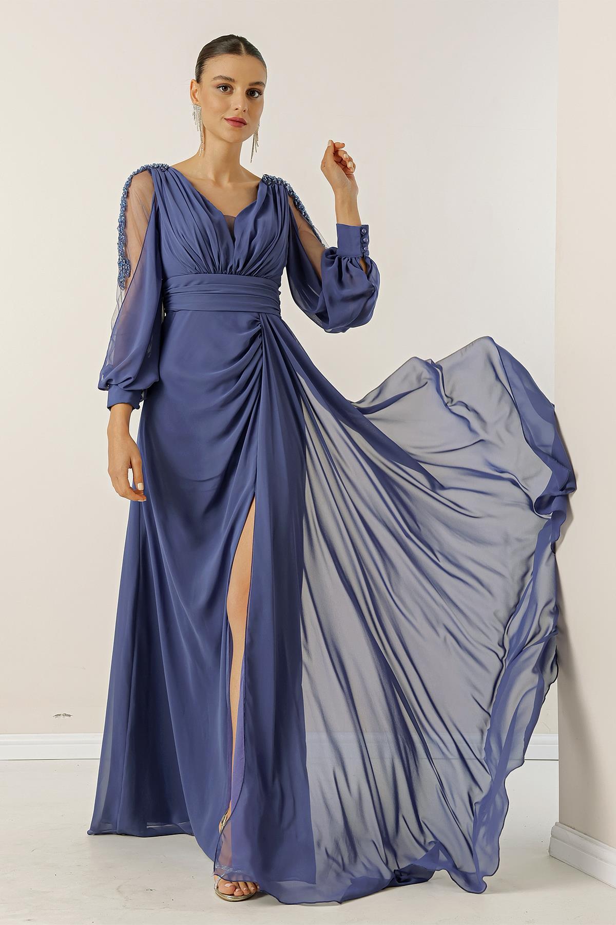 Levně By Saygı V-Neck Long Evening Chiffon Dress with Draping and Lined Sleeves.
