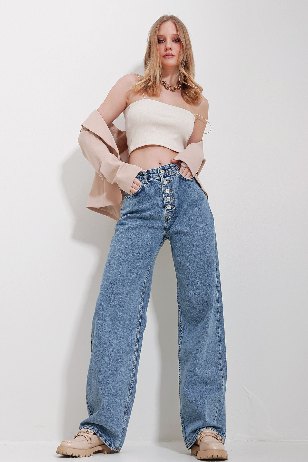 Trend Alacat Stili Women s Blue High Waist 5 Button Pocket Snow Washed Jeans