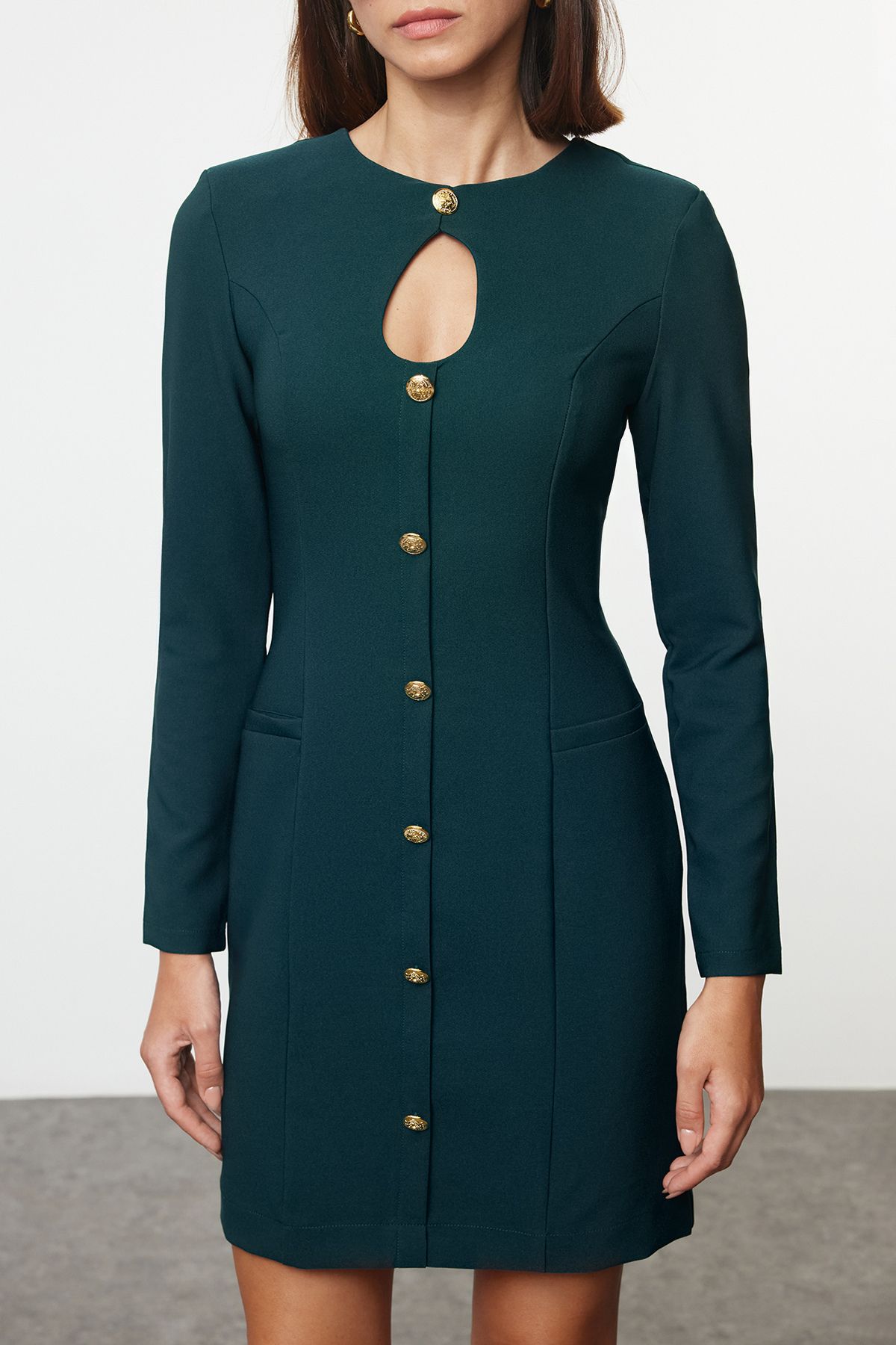 Trendyol Petrol Straight Cut Button Detailed Crew Neck Mini Woven Dress