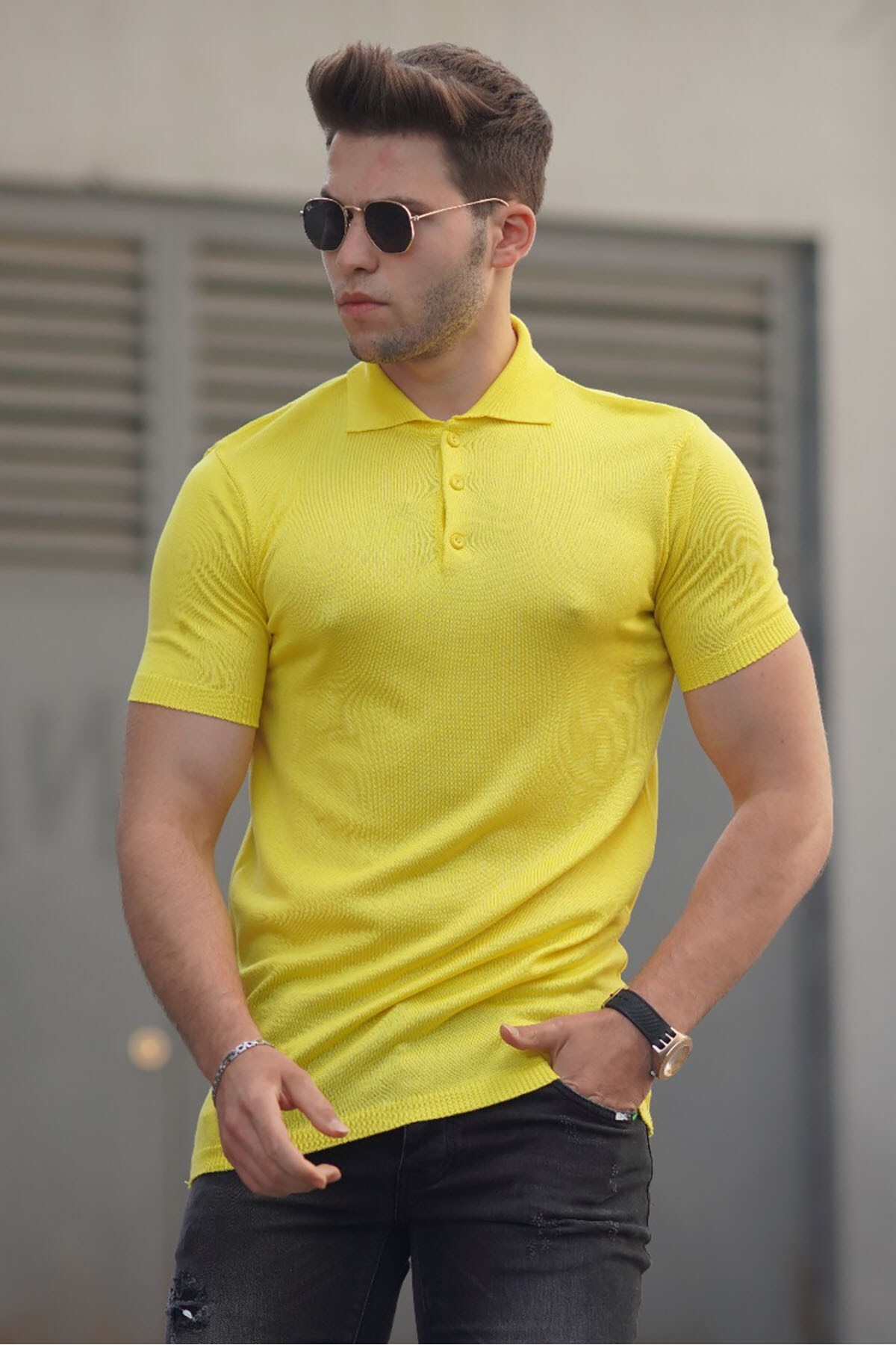 Levně Madmext Mustard Knitwear Polo Men's T-Shirt 9289